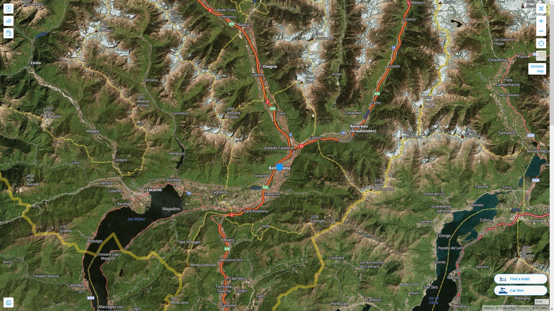Bellinzona Suisse Autoroute et carte routiere avec vue satellite